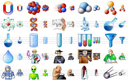 science icon set - horseshoe magnet, atomic nucleus, a-particle, water molecule, nh3 molecule, atom, dna, genetics, microscope, retort, retort v2, measuring glass, test-tube, test tubes, filter, water drop, scientist, academician, einstein, student, astronaut, alien, clever monkey, space shuttle, first satellite icon