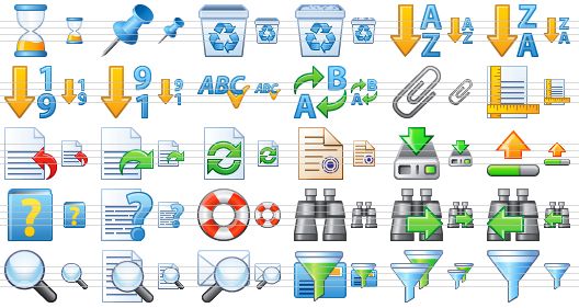 small email icons - hourglass, pin, empty trash can, full trash can, sorting a-z, sorting z-a, sorting 1-9, sorting 9-1, spell checking, text replace, attach, rulers, import text, export text, refresh document, certificate, download, upload, help book, how to, help, find, find next, find previous, search, search text, search letter, spam filter, spam filters, filter icon