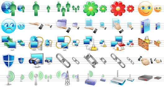 small network icons - people online, people contact, people contacts, online, offline, smile, depression, sharing, folder sharing, file sharing, properties, activity reports, remote access, internet, intranet, client network, home network, fire wall, shield, search computer, chain, chain link, broken chain, handshake, wireless, wi-fi, radio transmitter, wireless modem, fast internet, modem icon