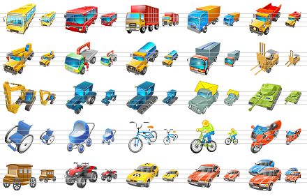 transport icons for vista - bus, red bus, delivery, cargo, lorry, crane truck, tow truck, tank truck, panel truck, forklift truck, excavator, wheeled tractor, catterpillar tractor, mail delivery, tank, wheelchair, baby carriage, bike, cyclist, motorcycle, coach, utility atv, taxi, car, cars icon